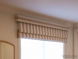 Veelon Melbourne Roman blind stripe beige fabric pelmet bedroom cushions