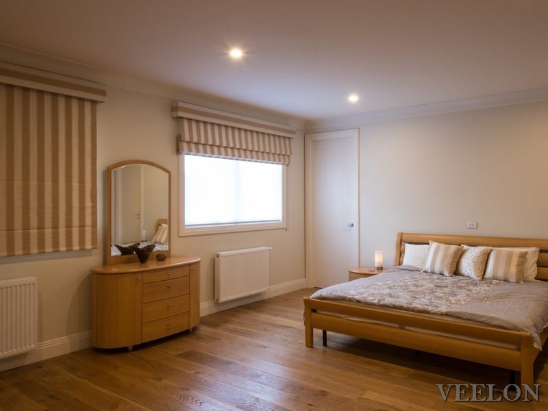 Veelon Melbourne Roman blind stripe beige fabric pelmet bedroom cushions