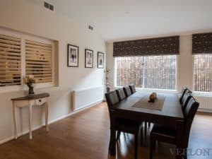 Veelon Sheer embroidery flowers brown gold silk look living dining roman blind plantation shutters