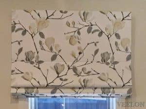 Veelon Melbourne Roman blind fabric kitchen living dining flowers white grey