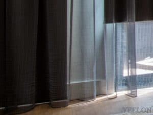 Veelon sheer curtains grey black roller blinds living dining under pelmet