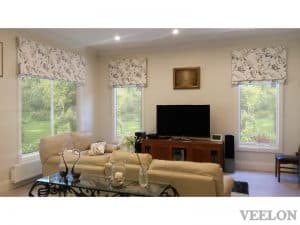 Veelon Melbourne Roman blind fabric kitchen living dining flowers white grey