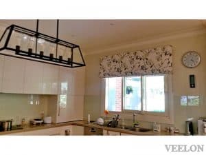 Veelon Melbourne Roman blind fabric kitchen living dining flowers white grey