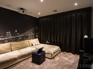 Veelon Melbourne Cinema Triple weave inverted pleat curtains block out dim out charcoal ceiling fix