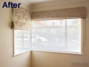 Veelon Melbourne Roman blind bedroom corner window flowers beige